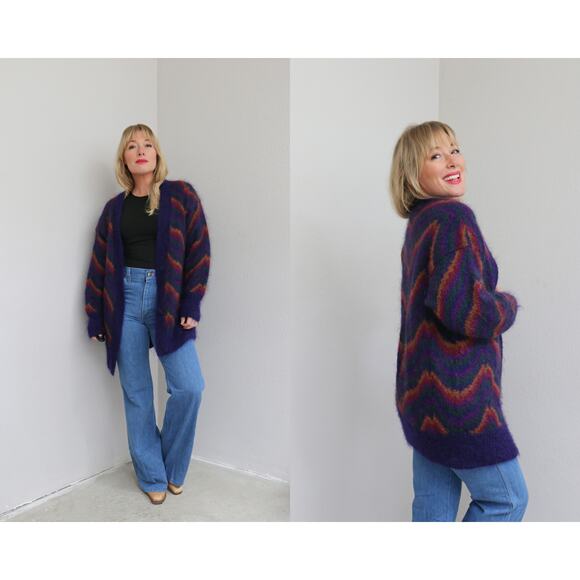 1990's Vintage Fuzzy Mohair Oversized Cardigan ~ Women's XS SM MD ~ Long Sweater - Picture 1 of 10